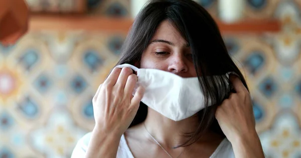 Attractive Woman Removing Face Mask End Pandemic — Stok Foto
