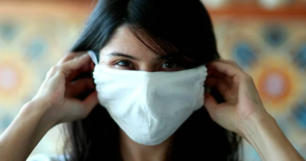 Woman Putting Face Mask Pandemic Girl Staying Home Portrait Face — Foto de Stock