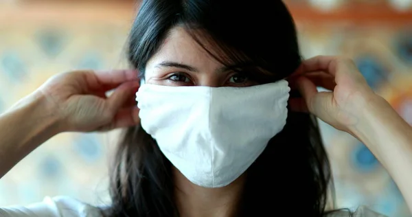 Woman Putting Face Mask Pandemic Girl Staying Home Portrait Face — Foto de Stock