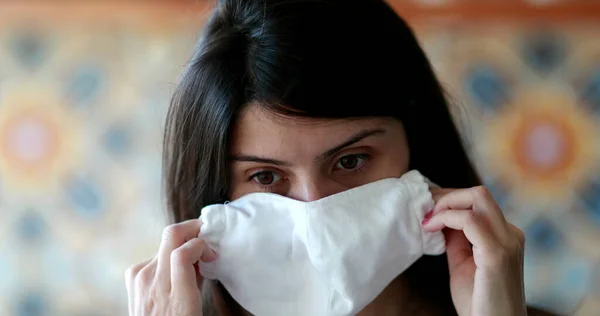 Woman Putting Face Mask Virus Pandemic Prevention Surgical Mask Portrait — Stok Foto