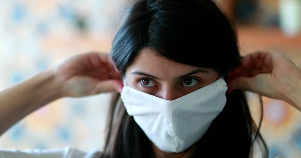 Woman Putting Face Mask Virus Pandemic Prevention Surgical Mask Portrait — стоковое фото