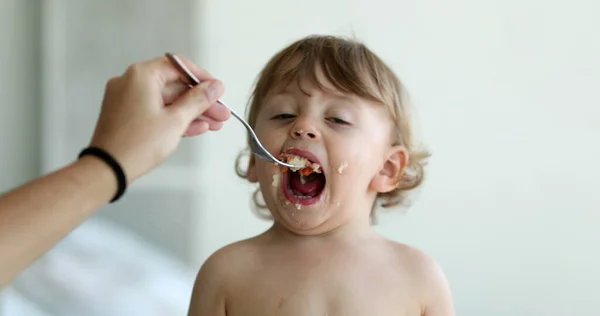 Baby Boy Refusing Food Child Infant Wanting Spoon — Zdjęcie stockowe
