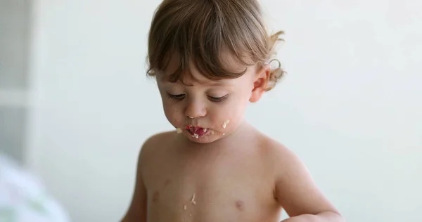 Cute Messy Baby Boy Happy Child Covered Food Eating Spoon — Stockfoto
