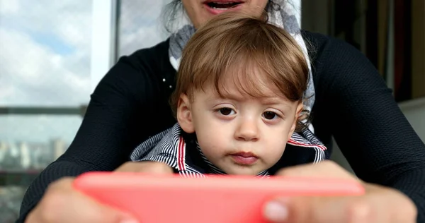 Little Boy Watching Online Content Smartphone Baby Mother Lap Holding — Foto de Stock