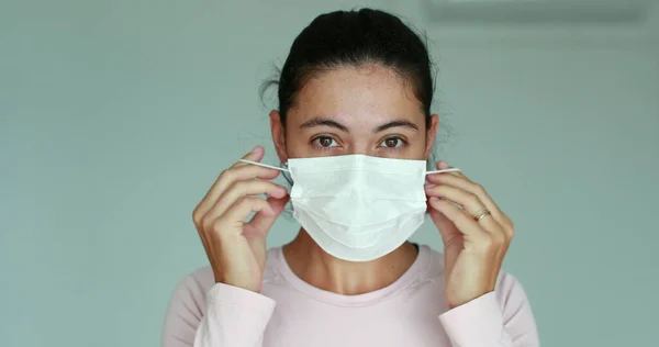 Girl Putting Face Mask Prevention Covid Pandemic Woman Wearing Mask — Stok Foto
