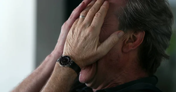 Tired Older Man Yawning Rubbing Face Hands Pensive Senior Person — Stok fotoğraf
