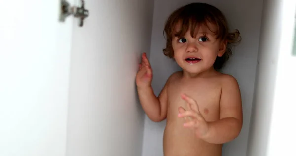 Cute Child Boy Closet Cabinet Infant Kid Hides Closet Closing — Fotografia de Stock