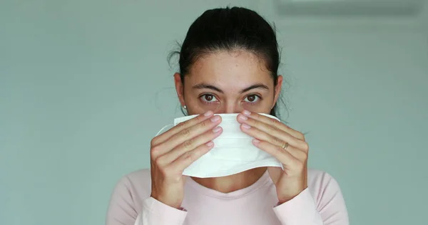 Girl Putting Face Mask Prevention Covid Pandemic Woman Wearing Mask — Stok Foto