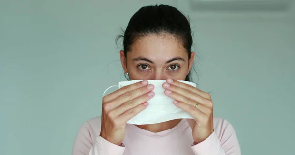 Girl Putting Face Mask Prevention Covid Pandemic Woman Wearing Mask — стокове фото