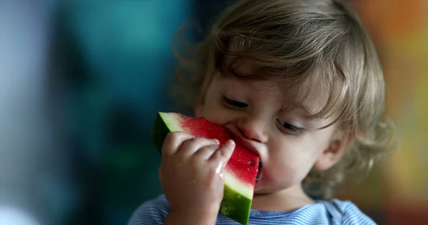 Bebek Karpuz Meyvesi Yiyor Çocuk Bir Parça Karpuz Alıyor — Stok fotoğraf