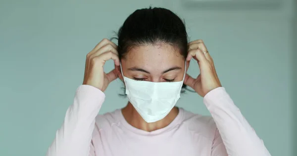 Woman Putting Face Mask Protect Virus — Stok Foto