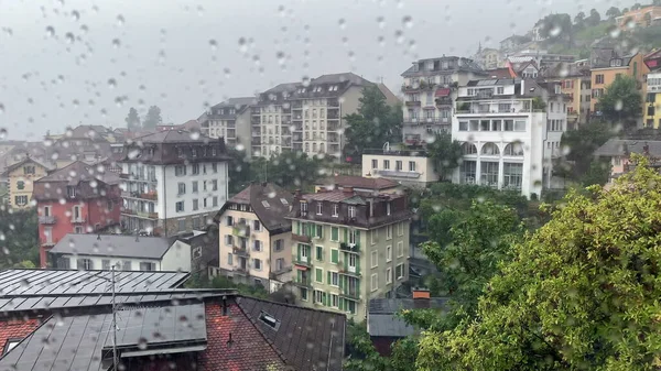 Window View Droplets European Town Rainy Day — Stock Photo, Image