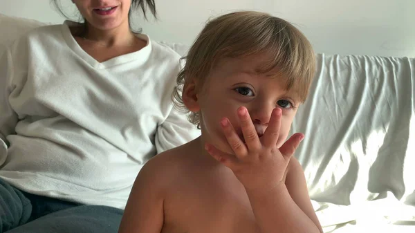 Toddler Boy Sending Kiss Hand Camera — Stock Photo, Image