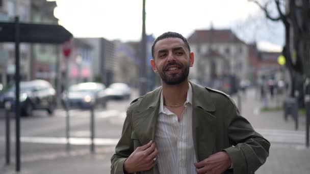 One Confident Moroccan Man Walking City Tracking Shot Motion Arab — Stock Video