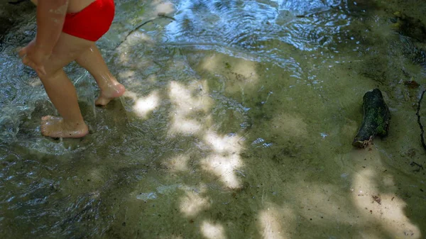 Child Walks Barefoot Pond Water Wearing Bathing Suit Briefs Heat — Stock Photo, Image