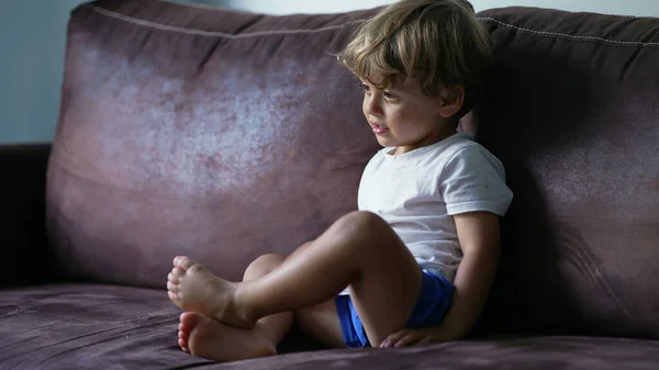 Jeden Mały Chłopiec Siedzi Kanapie Ogląda Kreskówki Uroczy Blondyn Mały — Zdjęcie stockowe