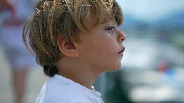 One Meditative Little Boy Closeup Face Thinking Life Contemplative Child — Stock Photo, Image