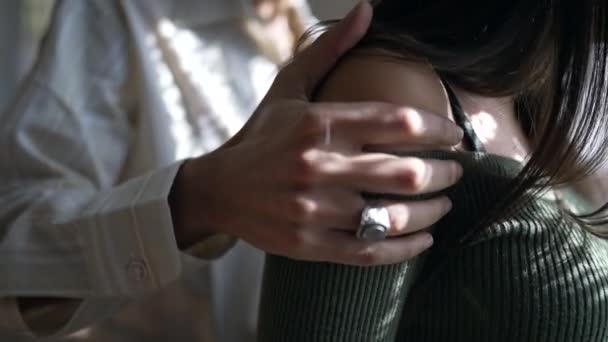 Closeup Hand Boyfriend Consoling Tearful Girlfriend Standing Window Man Woman — Stock Video