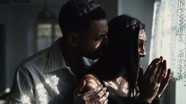 Caring Arab Boyfriend Comforting His Tearful Girlfriend Window Challenging Moment — Stock Video