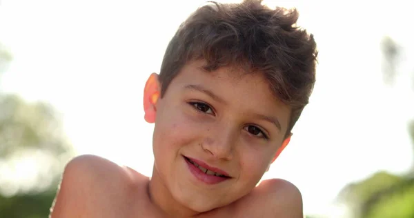 Little Boy Child Smiling Camera Outdoors — Stock Photo, Image