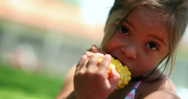 Παιδί Κορίτσι Τρώει Καλαμπόκι Εξωτερικούς Χώρους Στη Φύση Πικνίκ — Φωτογραφία Αρχείου
