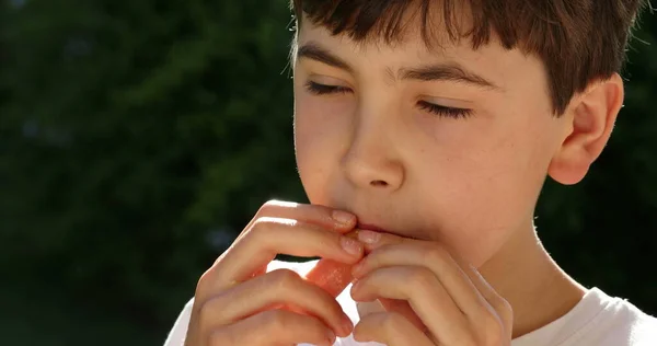 Pensiv Ung Pojke Äter Hälsosamt Mellanmål Utomhus — Stockfoto