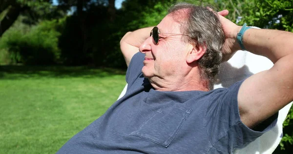 Senior Man Resting Backyard Casual Older Person Enjoying Retirement — Fotografia de Stock