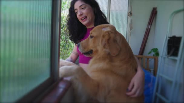 Happy Woman Her Labrador Dog Home — Stock Video