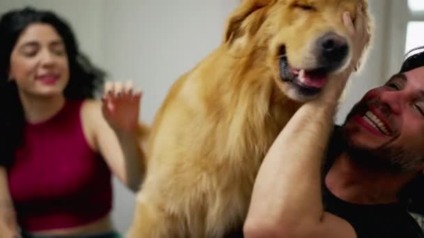 Boldog Pár Szórakozás Aranyos Labrador Kutya Otthon — Stock videók