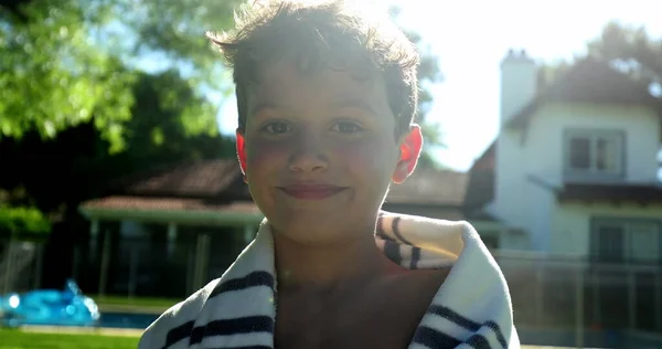 Child Boy Portrait Smiling Camera Sunlight Swimming Pool Wrapped Towel — Stock Photo, Image