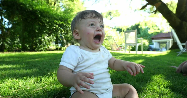 Angry Baby Toddler Crying Outdoor Home Garden — Stockfoto
