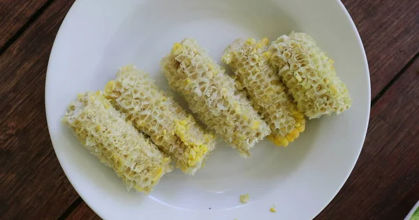 Eaten Corn Cob Leftovers Plate — Fotografia de Stock