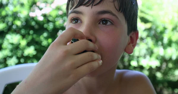 Jeune Garçon Mangeant Moule Fruits Mer Dehors Déjeuner Enfant — Photo