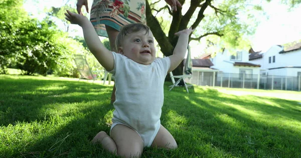 Happy Baby Clapping Hands Outdoor Garden Joyful Handsome Toddler Claps — Foto de Stock