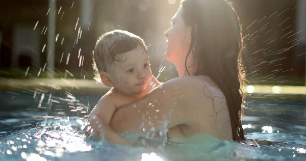 Mother Caring Holding Baby Child Pool Infant Toddler Splashing Water — Stok fotoğraf