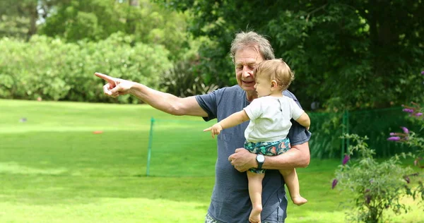Grand Father Pointing Hand Arm While Holding Grand Son — Stockfoto
