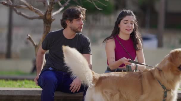 Couple Enjoying Weekend Activity Dog Woman Holding Golden Retriever Leash — Stock Video