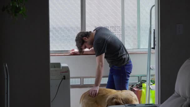 Jongeman Aaien Zijn Hond Thuis Appartement Door Het Raam Candid — Stockvideo