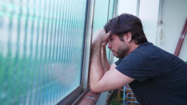 Stressed Man Struggling Mental Illness Leaning Window Suffering Emotional Despair — Stock Video