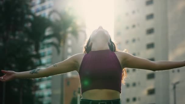 Carefree Happy Woman Arms Raised Looking Sky Feeling Grateful Person — Stockvideo
