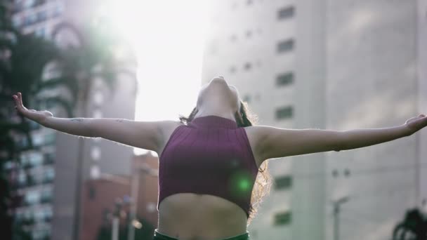 Joyful Woman Basking Warmth Sunlight Outstretched Arms Appreciating Beauty Nature — Stock Video