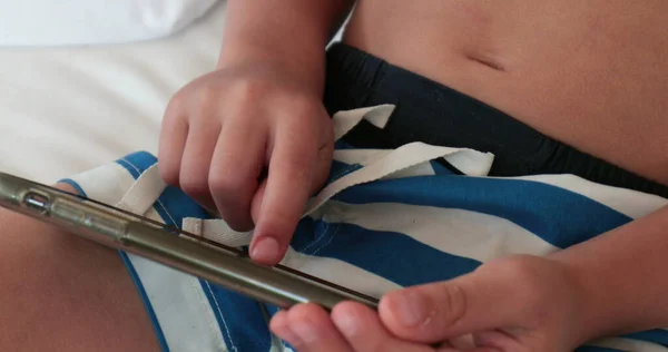 Closeup Child Hands Touching Cellphone Screen — Stockfoto