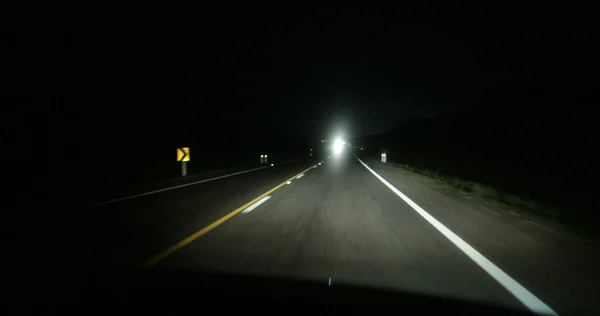 Driver Pov Driving Highway Road Night Headlights — Stockfoto