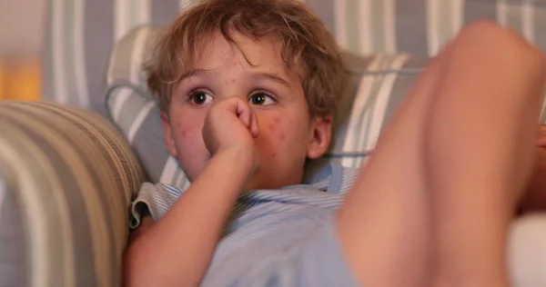 Child Toddler Boy Staring Screen Sofa Night — Stok fotoğraf