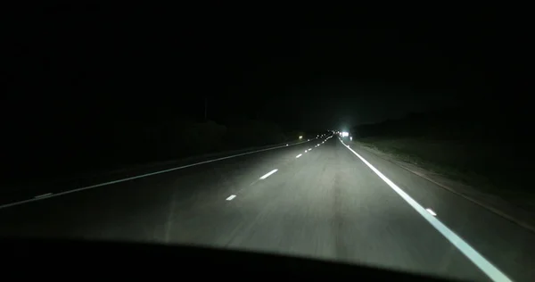 Driver Pov Driving Highway Road Night Headlights — 图库照片