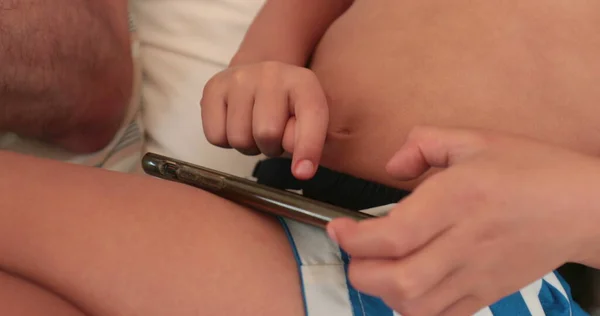 Child Finger Touching Cellphone Device Screen Toddler Boy Using Smartphone —  Fotos de Stock