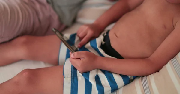 Child Holding Smartphone Device Touching Screen Finger — 스톡 사진