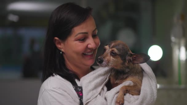 Porträt Einer Frau Mit Hund Der Handtuch Gewickelt Einem Pet — Stockvideo