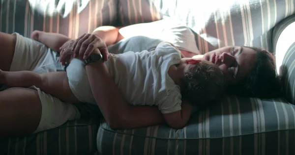 Woman Asleep Baby Child Holding Infant While Sleeping — Photo