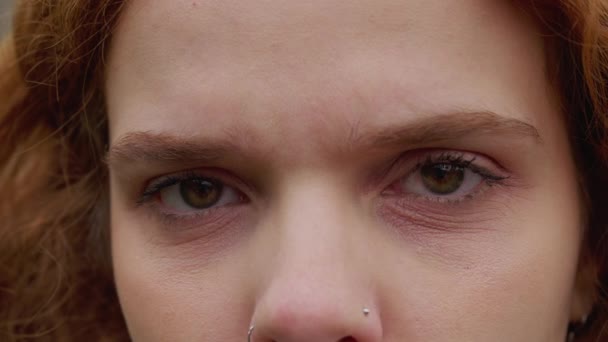 Woman Changing Emotion Macro Close Eyes Looking Camera Female Caucasian — Stock Video